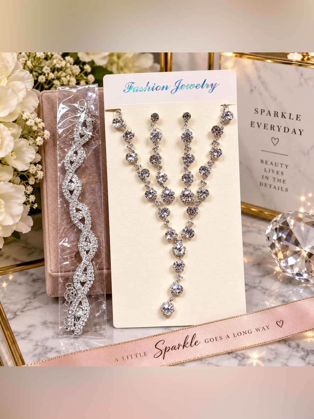 ✨ NEW Rhinestone Crystal Jewelry Set – Necklace, Earrings & Bracelet